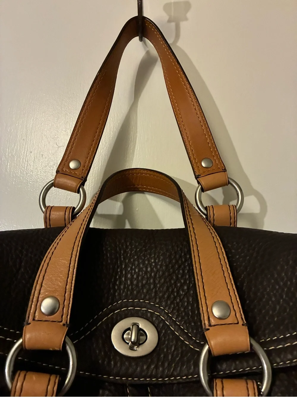 Women’s Brown Leather Tote with Tan Strap Accents